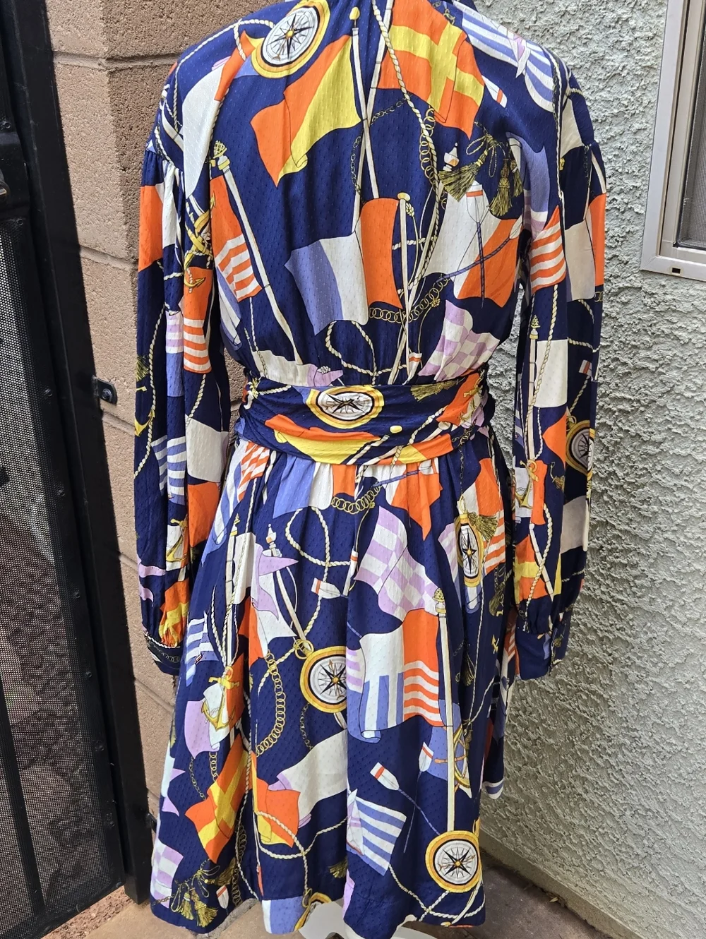 Anthropologie Maeve Nautical Navy Printed Long-Sleeve Wrap Dress Blue Flag Sail - Picture 9 of 12